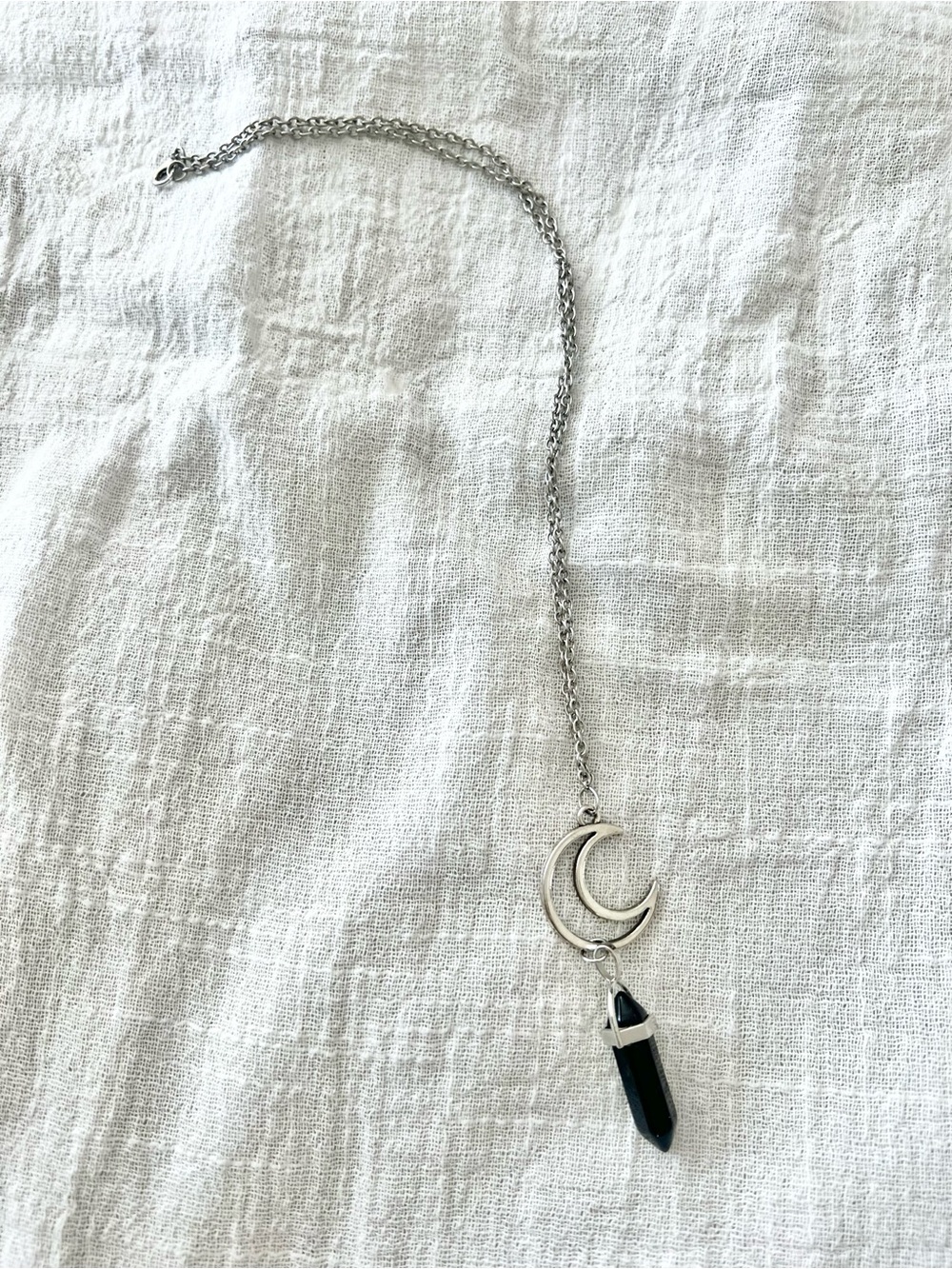Silver Crescent Moon Necklace with Black Pendant